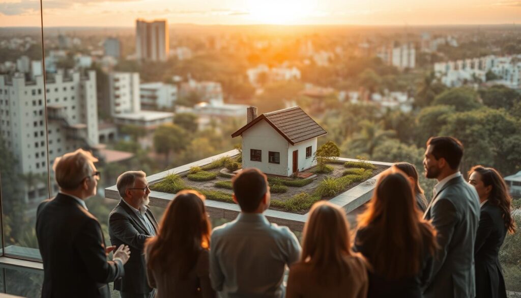 A visual representation of the concept of "usucapião," highlighting its relevance in contemporary Brazil. In the foreground, a diverse group of professionals is engaged in a discussion, dressed in smart business attire, symbolizing community and legal aspects. In the middle ground, a symbolic representation of property rights, such as a house partially surrounded by a garden, illustrating the idea of land ownership and reclamation. The background fades into an urban Brazilian landscape with a sunset, casting warm, golden light to create a hopeful atmosphere. The image should evoke a sense of professionalism, collaboration, and the importance of understanding property rights, captured in a soft-focus style that conveys a serious yet optimistic mood. A visual representation of the concept of "usucapião," highlighting its relevance in contemporary Brazil. In the foreground, a diverse group of professionals is engaged in a discussion, dressed in smart business attire, symbolizing community and legal aspects. In the middle ground, a symbolic representation of property rights, such as a house partially surrounded by a garden, illustrating the idea of land ownership and reclamation. The background fades into an urban Brazilian landscape with a sunset, casting warm, golden light to create a hopeful atmosphere. The image should evoke a sense of professionalism, collaboration, and the importance of understanding property rights, captured in a soft-focus style that conveys a serious yet optimistic mood.