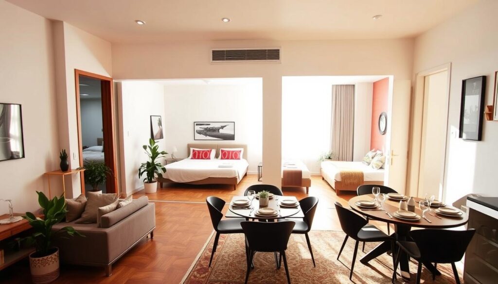 A visually appealing and serene apartment interior in Maringá, showcasing a modern living space with four separate "quartos" (bedrooms). In the foreground, a stylish living room features a cozy sofa, a coffee table, and indoor plants. The middle ground includes an elegantly furnished dining area with a round table set for family dinner, alongside an open kitchen with contemporary appliances. The bedrooms are glimpsed through partially open doors, each with unique decor reflecting distinct styles—minimalist, rustic, and vibrant. The background shows a bright window with natural sunlight streaming in, creating a warm and inviting atmosphere. The scene is enhanced by soft, natural lighting, evoking a sense of comfort and tranquility, suitable for discussing rental prices of apartments. A visually appealing and serene apartment interior in Maringá, showcasing a modern living space with four separate "quartos" (bedrooms). In the foreground, a stylish living room features a cozy sofa, a coffee table, and indoor plants. The middle ground includes an elegantly furnished dining area with a round table set for family dinner, alongside an open kitchen with contemporary appliances. The bedrooms are glimpsed through partially open doors, each with unique decor reflecting distinct styles—minimalist, rustic, and vibrant. The background shows a bright window with natural sunlight streaming in, creating a warm and inviting atmosphere. The scene is enhanced by soft, natural lighting, evoking a sense of comfort and tranquility, suitable for discussing rental prices of apartments.