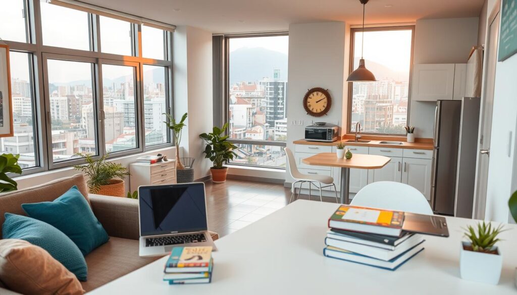 A visually appealing apartment for students, showcasing practical design and modern amenities, is set in a bright, welcoming environment. In the foreground, a cozy living area with a comfortable sofa, a study desk piled with books, and a laptop reflects a productive atmosphere. The middle ground features a kitchenette with contemporary appliances and a dining area with small plants for a touch of greenery. In the background, large windows allow natural light to flood the space, overlooking a bustling cityscape of Maringá, Brazil, with its signature architecture. The lighting is warm and inviting, creating a sense of home and comfort. Capture this scene from a slightly elevated angle to emphasize the apartment's layout, evoking a feeling of possibility and optimism for students and their families. A visually appealing apartment for students, showcasing practical design and modern amenities, is set in a bright, welcoming environment. In the foreground, a cozy living area with a comfortable sofa, a study desk piled with books, and a laptop reflects a productive atmosphere. The middle ground features a kitchenette with contemporary appliances and a dining area with small plants for a touch of greenery. In the background, large windows allow natural light to flood the space, overlooking a bustling cityscape of Maringá, Brazil, with its signature architecture. The lighting is warm and inviting, creating a sense of home and comfort. Capture this scene from a slightly elevated angle to emphasize the apartment's layout, evoking a feeling of possibility and optimism for students and their families.