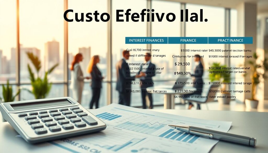 A visually compelling representation of "Custo Efetivo Total" as a detailed infographic showing key factors in housing finance. Foreground: a professional-looking calculator and financial documents displaying graphs and charts comparing interest rates and fees associated with different banks. Middle: a modern office environment with a diverse group of professionals in business attire discussing financing options, highlighting collaboration and determination. Background: a large window view of a city skyline bathed in warm, natural light, suggesting optimism and growth. Soft-focus elements include potted plants and a stylish office desk to create an inviting atmosphere. The overall mood should evoke trust, professionalism, and clarity in financial decision-making. A visually compelling representation of "Custo Efetivo Total" as a detailed infographic showing key factors in housing finance. Foreground: a professional-looking calculator and financial documents displaying graphs and charts comparing interest rates and fees associated with different banks. Middle: a modern office environment with a diverse group of professionals in business attire discussing financing options, highlighting collaboration and determination. Background: a large window view of a city skyline bathed in warm, natural light, suggesting optimism and growth. Soft-focus elements include potted plants and a stylish office desk to create an inviting atmosphere. The overall mood should evoke trust, professionalism, and clarity in financial decision-making.