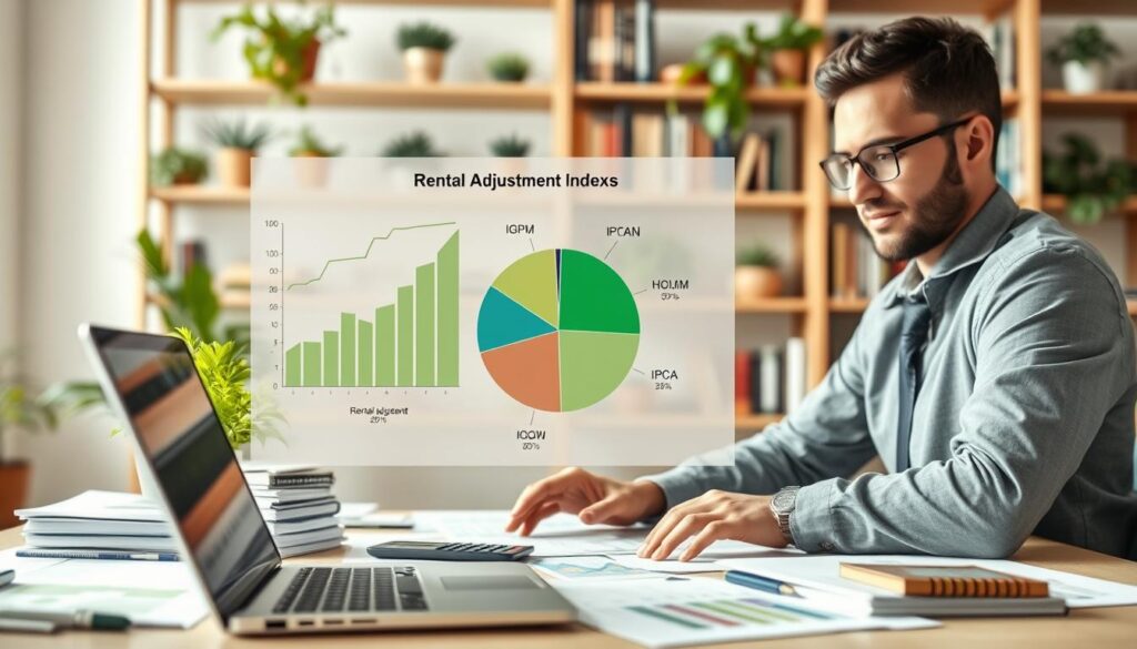 A visually engaging scene depicting rental adjustment indexes in Brazil, featuring a professional businessperson analyzing graphs and charts on a laptop in the foreground. In the middle, a large pie chart highlights key rental indices like IGPM and IPCA, surrounded by various financial documents and a calculator. The background includes a softly blurred office environment with shelves full of books and plants, creating a study-like atmosphere. The lighting is bright and natural, emphasizing focus and clarity, while a shallow depth of field ensures attention remains on the charts and calculations. The mood is serious yet optimistic, reflecting the importance of understanding rental adjustments. A visually engaging scene depicting rental adjustment indexes in Brazil, featuring a professional businessperson analyzing graphs and charts on a laptop in the foreground. In the middle, a large pie chart highlights key rental indices like IGPM and IPCA, surrounded by various financial documents and a calculator. The background includes a softly blurred office environment with shelves full of books and plants, creating a study-like atmosphere. The lighting is bright and natural, emphasizing focus and clarity, while a shallow depth of field ensures attention remains on the charts and calculations. The mood is serious yet optimistic, reflecting the importance of understanding rental adjustments.