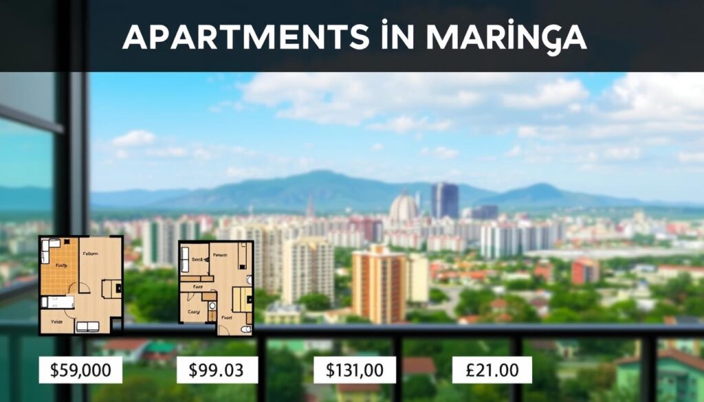 A visually informative and engaging graphic illustrating the price ranges of apartments in Maringá. The foreground features three distinct apartment floor plans labeled with their corresponding price brackets. The middle ground showcases a variety of residential buildings, representing different architectural styles, with price tags displayed prominently. The background includes a scenic view of Maringá, highlighting its unique skyline and residential neighborhoods during a clear sunny day, creating an inviting atmosphere. Soft, natural lighting enhances the details, with a slight depth of field effect to focus on the foreground elements. The image conveys a sense of professionalism and clarity, perfect for engaging readers regarding real estate options. A visually informative and engaging graphic illustrating the price ranges of apartments in Maringá. The foreground features three distinct apartment floor plans labeled with their corresponding price brackets. The middle ground showcases a variety of residential buildings, representing different architectural styles, with price tags displayed prominently. The background includes a scenic view of Maringá, highlighting its unique skyline and residential neighborhoods during a clear sunny day, creating an inviting atmosphere. Soft, natural lighting enhances the details, with a slight depth of field effect to focus on the foreground elements. The image conveys a sense of professionalism and clarity, perfect for engaging readers regarding real estate options.