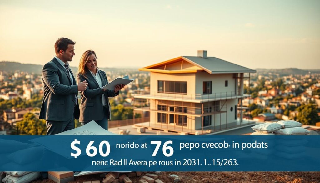 A visually informative graphic depicting the current average price per square meter to build a house in Brazil, showcasing a detailed construction site in the foreground. The scene features architects in smart casual attire analyzing architectural plans, surrounded by building materials like bricks and cement bags. In the middle ground, a partially constructed house with scaffolding reflects a typical sobrado design, highlighting two stories with a modern façade. In the background, slightly blurred cityscapes convey a Brazilian urban environment, with greenery and residential areas. Warm, natural lighting enhances the atmosphere, suggesting an early afternoon setting, while a soft focus lens creates depth. Overall, depict a professional and optimistic mood about construction in Brazil today. A visually informative graphic depicting the current average price per square meter to build a house in Brazil, showcasing a detailed construction site in the foreground. The scene features architects in smart casual attire analyzing architectural plans, surrounded by building materials like bricks and cement bags. In the middle ground, a partially constructed house with scaffolding reflects a typical sobrado design, highlighting two stories with a modern façade. In the background, slightly blurred cityscapes convey a Brazilian urban environment, with greenery and residential areas. Warm, natural lighting enhances the atmosphere, suggesting an early afternoon setting, while a soft focus lens creates depth. Overall, depict a professional and optimistic mood about construction in Brazil today.