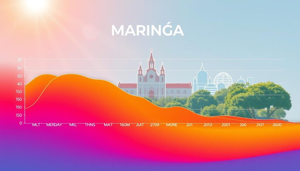 A visually striking annual temperature graph representing Maringá's climate. The foreground features a sleek line graph with vibrant colors, illustrating temperature fluctuations throughout the year, blending warm reds and oranges for high temperatures and cool blues and greens for lower temperatures. The middle section shows seasonal markers, highlighting the transition from mild to intense heat, edged with subtle icons like sun and rain clouds. In the background, a stylized outline of Maringá's skyline, perhaps including elements like its iconic Cathedral and abundant trees. The lighting is bright and cheerful, with a sunny ambiance, creating an inviting atmosphere that reflects Maringá's climate. The overall composition should be clear, engaging, and professional with no text or overlays. A visually striking annual temperature graph representing Maringá's climate. The foreground features a sleek line graph with vibrant colors, illustrating temperature fluctuations throughout the year, blending warm reds and oranges for high temperatures and cool blues and greens for lower temperatures. The middle section shows seasonal markers, highlighting the transition from mild to intense heat, edged with subtle icons like sun and rain clouds. In the background, a stylized outline of Maringá's skyline, perhaps including elements like its iconic Cathedral and abundant trees. The lighting is bright and cheerful, with a sunny ambiance, creating an inviting atmosphere that reflects Maringá's climate. The overall composition should be clear, engaging, and professional with no text or overlays.