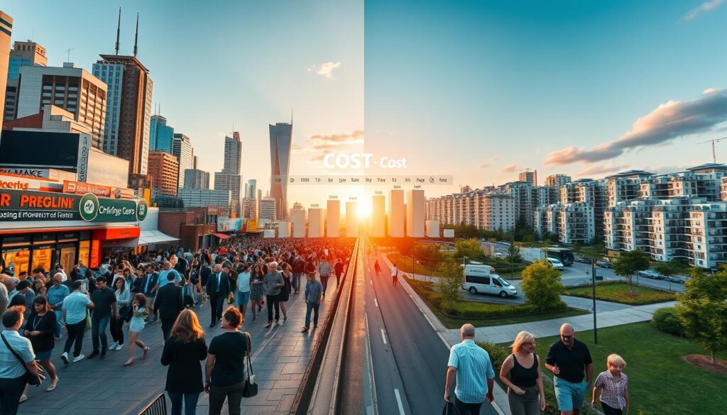 A visually striking comparison of costs between a bustling metropolis and a well-planned city landscape. In the foreground, display two contrasting scenes: on one side, a crowded urban marketplace with skyscrapers, crowded streets, and people in professional business attire engaged in shopping. On the other side, a serene planned city with organized streets, green parks, and families enjoying leisure activities, all wearing modest casual clothing. In the middle, a chart with icons representing key cost factors, such as housing, groceries, and transportation, bridging the two environments. Set during the golden hour for warm, inviting lighting. Capture a wide-angle view to emphasize scale, showcasing the disparity in lifestyle and cost of living. The mood should evoke contemplation and comparison. A visually striking comparison of costs between a bustling metropolis and a well-planned city landscape. In the foreground, display two contrasting scenes: on one side, a crowded urban marketplace with skyscrapers, crowded streets, and people in professional business attire engaged in shopping. On the other side, a serene planned city with organized streets, green parks, and families enjoying leisure activities, all wearing modest casual clothing. In the middle, a chart with icons representing key cost factors, such as housing, groceries, and transportation, bridging the two environments. Set during the golden hour for warm, inviting lighting. Capture a wide-angle view to emphasize scale, showcasing the disparity in lifestyle and cost of living. The mood should evoke contemplation and comparison.