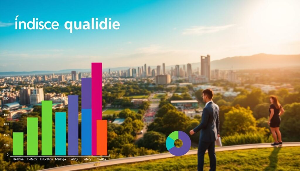 A visually striking infographic showcasing "índice qualidade," centered on the theme of quality of life in Maringá. In the foreground, include colorful bar graphs and pie charts illustrating various quality of life metrics, such as healthcare, education, and safety, presented in sleek, modern designs. In the middle ground, depict a scenic view of Maringá’s skyline, with vibrant greenery and well-maintained city parks, suggesting a healthy urban environment. The background should feature a clear blue sky with soft, warm sunlight illuminating the city, creating an inviting atmosphere. Capture the essence of a thriving community, with subtle hints of people in professional attire engaging in outdoor activities, reflecting a harmonious lifestyle. Use a wide-angle lens effect to enhance depth, with balanced lighting to emphasize the data without overwhelming the viewer. A visually striking infographic showcasing "índice qualidade," centered on the theme of quality of life in Maringá. In the foreground, include colorful bar graphs and pie charts illustrating various quality of life metrics, such as healthcare, education, and safety, presented in sleek, modern designs. In the middle ground, depict a scenic view of Maringá’s skyline, with vibrant greenery and well-maintained city parks, suggesting a healthy urban environment. The background should feature a clear blue sky with soft, warm sunlight illuminating the city, creating an inviting atmosphere. Capture the essence of a thriving community, with subtle hints of people in professional attire engaging in outdoor activities, reflecting a harmonious lifestyle. Use a wide-angle lens effect to enhance depth, with balanced lighting to emphasize the data without overwhelming the viewer.