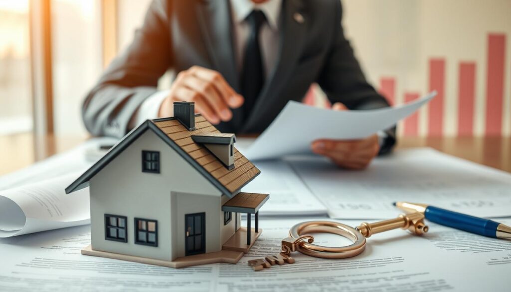 A visually striking representation of "alienação fiduciária do imóvel" as a concept, featuring a detailed depiction of a house in the foreground, symbolizing property. The house should be surrounded by legal documents and a symbolic key, emphasizing trust and financial agreements. In the middle ground, include a professional person, dressed in business attire, analyzing these documents with a focused demeanor. The background should have an abstract representation of financial growth, like upward arrows or graphs, in soft-focus. The lighting should be warm and inviting, creating a sense of security and trust. Capture the mood of professionalism, clarity, and financial confidence. Use a wide-angle lens effect to provide depth without overcrowding the composition. A visually striking representation of "alienação fiduciária do imóvel" as a concept, featuring a detailed depiction of a house in the foreground, symbolizing property. The house should be surrounded by legal documents and a symbolic key, emphasizing trust and financial agreements. In the middle ground, include a professional person, dressed in business attire, analyzing these documents with a focused demeanor. The background should have an abstract representation of financial growth, like upward arrows or graphs, in soft-focus. The lighting should be warm and inviting, creating a sense of security and trust. Capture the mood of professionalism, clarity, and financial confidence. Use a wide-angle lens effect to provide depth without overcrowding the composition.