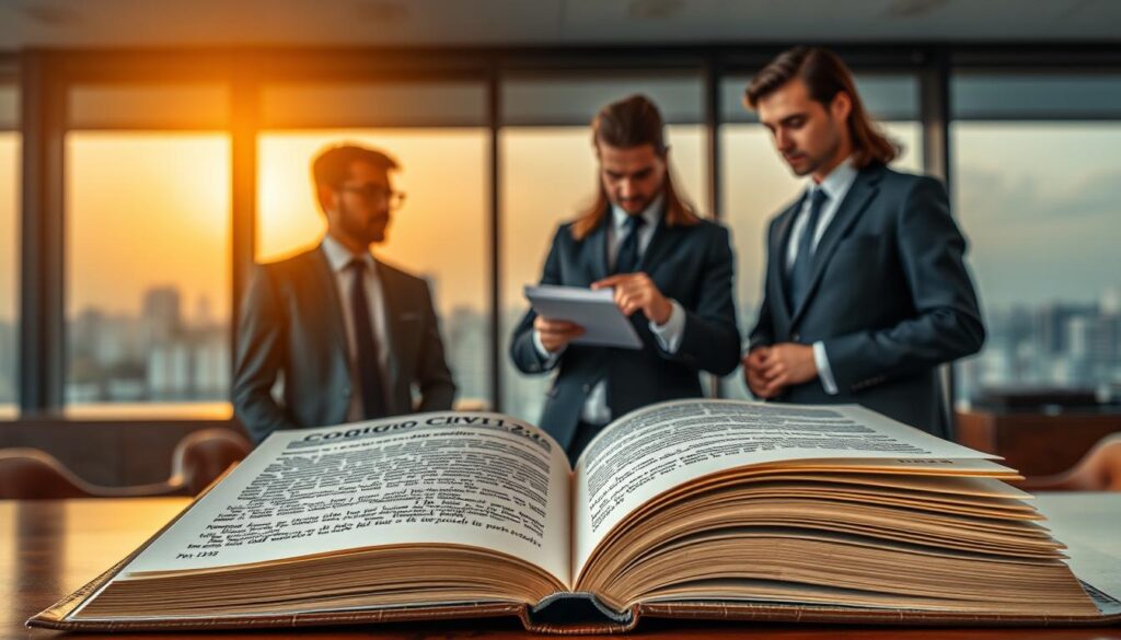 A visually striking representation of the "Código Civil Artigo 1.228," central to the theme of property law. In the foreground, a beautifully bound legal book opened to the relevant article, its pages crisp and detailed, exuding an air of authority. The middle ground features a diverse group of professionals—two men and one woman—dressed in tailored business attire, engaged in a serious discussion, pointing at the text, symbolizing collaboration and legal discourse. The background showcases an elegant law office, with a large window revealing a cityscape bathed in golden hour light, creating an inviting and scholarly atmosphere. The overall mood is one of professionalism and contemplation, emphasizing the importance of the legal foundations in real estate matters. A visually striking representation of the "Código Civil Artigo 1.228," central to the theme of property law. In the foreground, a beautifully bound legal book opened to the relevant article, its pages crisp and detailed, exuding an air of authority. The middle ground features a diverse group of professionals—two men and one woman—dressed in tailored business attire, engaged in a serious discussion, pointing at the text, symbolizing collaboration and legal discourse. The background showcases an elegant law office, with a large window revealing a cityscape bathed in golden hour light, creating an inviting and scholarly atmosphere. The overall mood is one of professionalism and contemplation, emphasizing the importance of the legal foundations in real estate matters.