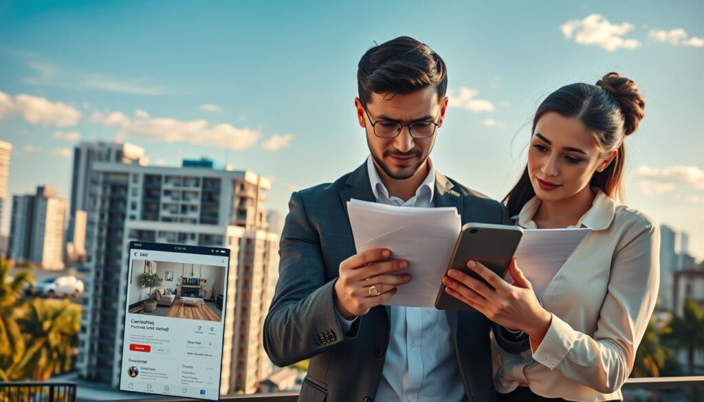 A visually striking scene illustrating real estate fraud in Maringá, with a focus on a modern, urban backdrop. In the foreground, a concerned young couple, dressed in professional business attire, examines dubious real estate documents in front of a deceptive property listing displayed on a smartphone. In the middle ground, a beautiful yet misleading apartment building looms, showcasing attractive features that hide its flaws, such as cracks and neglect. In the background, the bustling cityscape of Maringá is visible, with the iconic skyline and palm trees under a bright blue sky. The lighting is warm and inviting, enhancing the contrast between the couple's worry and the seemingly perfect property, creating a sense of unease and caution. The overall mood conveys urgency and awareness about online real estate scams. A visually striking scene illustrating real estate fraud in Maringá, with a focus on a modern, urban backdrop. In the foreground, a concerned young couple, dressed in professional business attire, examines dubious real estate documents in front of a deceptive property listing displayed on a smartphone. In the middle ground, a beautiful yet misleading apartment building looms, showcasing attractive features that hide its flaws, such as cracks and neglect. In the background, the bustling cityscape of Maringá is visible, with the iconic skyline and palm trees under a bright blue sky. The lighting is warm and inviting, enhancing the contrast between the couple's worry and the seemingly perfect property, creating a sense of unease and caution. The overall mood conveys urgency and awareness about online real estate scams.