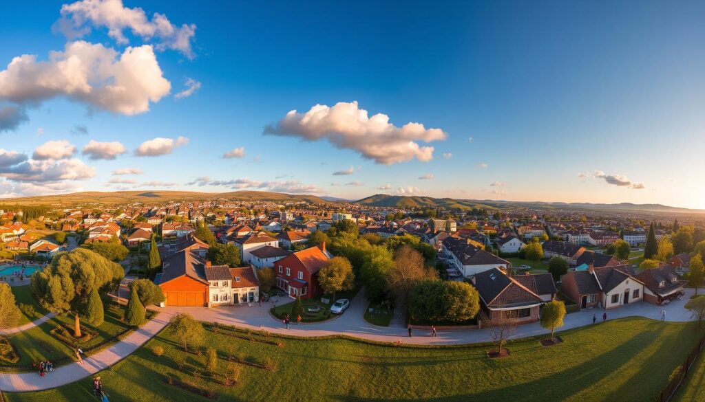 A vivid panorama of the city of Marialva during golden hour, showcasing a blend of residential neighborhoods and green spaces. In the foreground, include a beautifully manicured park with families enjoying leisure time, people walking along well-maintained paths, and children playing. The middle ground features a variety of charming houses in different architectural styles, tree-lined streets, and small local shops. In the background, a gentle slope reveals the rolling hills surrounding the city, bathed in warm sunlight, with a clear blue sky dotted with fluffy clouds. Capture the scene with a soft focus lens that highlights the warmth of the lighting, conveying a welcoming and serene atmosphere. Ensure there are no people depicted in suggestive poses or inappropriate attire. A vivid panorama of the city of Marialva during golden hour, showcasing a blend of residential neighborhoods and green spaces. In the foreground, include a beautifully manicured park with families enjoying leisure time, people walking along well-maintained paths, and children playing. The middle ground features a variety of charming houses in different architectural styles, tree-lined streets, and small local shops. In the background, a gentle slope reveals the rolling hills surrounding the city, bathed in warm sunlight, with a clear blue sky dotted with fluffy clouds. Capture the scene with a soft focus lens that highlights the warmth of the lighting, conveying a welcoming and serene atmosphere. Ensure there are no people depicted in suggestive poses or inappropriate attire.