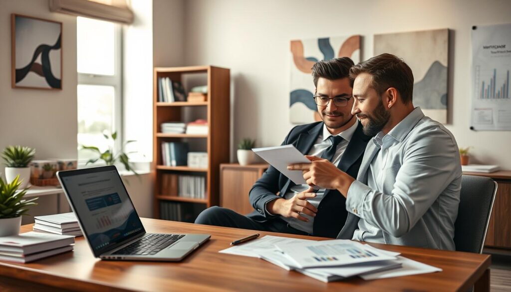 A warm and inviting office space, featuring a stylish wooden desk cluttered with financial documents and a laptop displaying a mortgage calculator. In the foreground, a couple sits closely together, both dressed in professional business attire, engaging in a focused discussion about finances. She points at a document while he holds a pen, showcasing teamwork. The middle ground highlights an inviting bookshelf filled with real estate books, a small plant for a touch of greenery, and a wall-mounted whiteboard with graphs. Soft, natural light filters through a window, creating a bright, friendly atmosphere. The background includes abstract artwork to signify growth and financial stability, capturing the essence of income composition for property financing. A warm and inviting office space, featuring a stylish wooden desk cluttered with financial documents and a laptop displaying a mortgage calculator. In the foreground, a couple sits closely together, both dressed in professional business attire, engaging in a focused discussion about finances. She points at a document while he holds a pen, showcasing teamwork. The middle ground highlights an inviting bookshelf filled with real estate books, a small plant for a touch of greenery, and a wall-mounted whiteboard with graphs. Soft, natural light filters through a window, creating a bright, friendly atmosphere. The background includes abstract artwork to signify growth and financial stability, capturing the essence of income composition for property financing.
