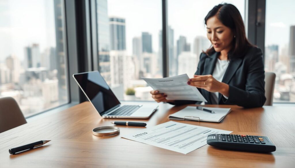A well-lit modern office space with a sleek wooden desk in the foreground, displaying documents and a laptop open to property listings. On the desk, a magnifying glass and a calculator symbolize meticulous evaluation. In the middle ground, a professional person in business attire, a middle-aged Asian woman, is examining a document, looking focused and thoughtful. The background features a large window with natural daylight streaming in, revealing a cityscape with various buildings. The mood is serious yet optimistic, representing careful analysis and decision-making in real estate. Use a wide-angle lens perspective to capture the entire scene, ensuring clarity and detail in the elements present. A well-lit modern office space with a sleek wooden desk in the foreground, displaying documents and a laptop open to property listings. On the desk, a magnifying glass and a calculator symbolize meticulous evaluation. In the middle ground, a professional person in business attire, a middle-aged Asian woman, is examining a document, looking focused and thoughtful. The background features a large window with natural daylight streaming in, revealing a cityscape with various buildings. The mood is serious yet optimistic, representing careful analysis and decision-making in real estate. Use a wide-angle lens perspective to capture the entire scene, ensuring clarity and detail in the elements present.