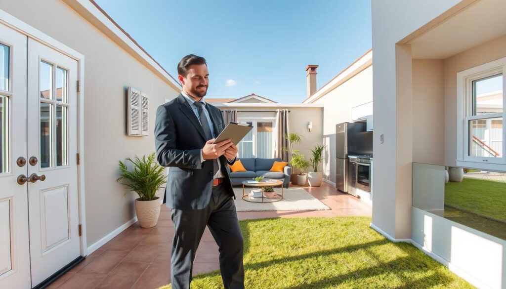 A well-maintained rental property featuring various enhancements, such as a fresh coat of paint, modern appliances, and renovated fixtures. In the foreground, a professional in business attire inspects the upgrades, taking notes on a clipboard. The middle ground showcases a cozy living room with updated furniture, a bright and airy kitchen equipped with new appliances, and a small garden area visible through a window. The background presents a clear blue sky and a well-manicured lawn, indicating a sunny day. Soft, natural lighting illuminates the scene, creating a welcoming and optimistic atmosphere. Use a wide-angle lens to capture the full essence of the property and its enhancements, emphasizing both the interior and the exterior charm. A well-maintained rental property featuring various enhancements, such as a fresh coat of paint, modern appliances, and renovated fixtures. In the foreground, a professional in business attire inspects the upgrades, taking notes on a clipboard. The middle ground showcases a cozy living room with updated furniture, a bright and airy kitchen equipped with new appliances, and a small garden area visible through a window. The background presents a clear blue sky and a well-manicured lawn, indicating a sunny day. Soft, natural lighting illuminates the scene, creating a welcoming and optimistic atmosphere. Use a wide-angle lens to capture the full essence of the property and its enhancements, emphasizing both the interior and the exterior charm.