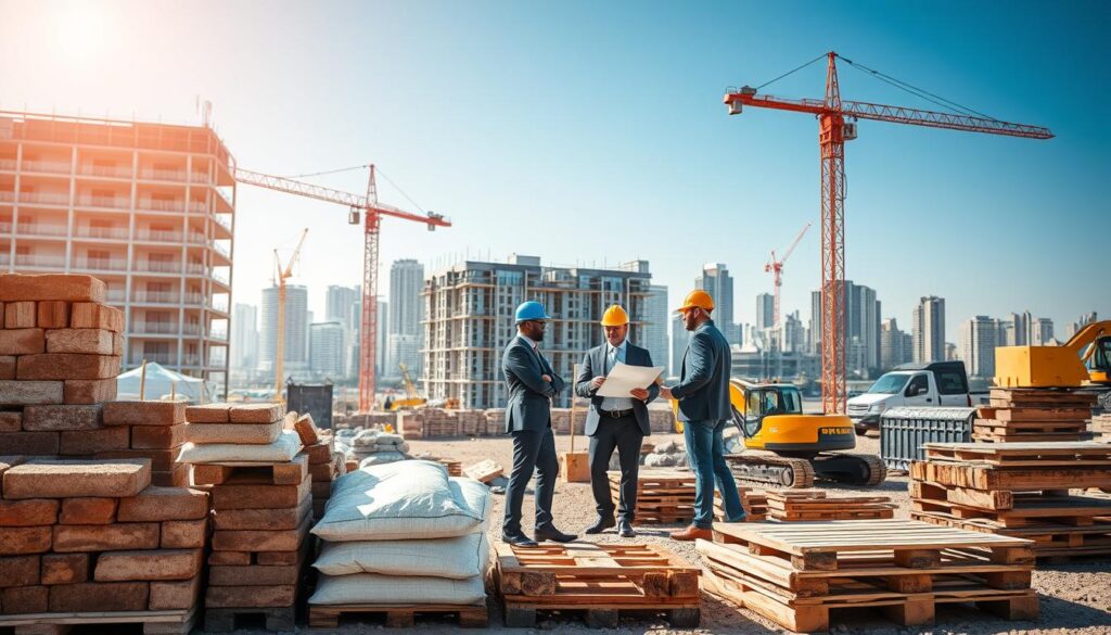 A well-organized construction site illustrating essential materials, labor, and equipment used in real estate development. Foreground: a variety of construction materials like bricks, cement bags, and timber pallets, with workers in professional business attire discussing plans. Middle ground: construction equipment such as a crane, excavator, and scaffolding, showcasing a modern building under construction. Background: a city skyline with cranes and buildings, under a clear blue sky. The scene is well-lit with natural sunlight, casting realistic shadows, and conveying a sense of productivity and collaboration. The atmosphere is focused and industrious, reflecting the essence of a thriving construction environment. A well-organized construction site illustrating essential materials, labor, and equipment used in real estate development. Foreground: a variety of construction materials like bricks, cement bags, and timber pallets, with workers in professional business attire discussing plans. Middle ground: construction equipment such as a crane, excavator, and scaffolding, showcasing a modern building under construction. Background: a city skyline with cranes and buildings, under a clear blue sky. The scene is well-lit with natural sunlight, casting realistic shadows, and conveying a sense of productivity and collaboration. The atmosphere is focused and industrious, reflecting the essence of a thriving construction environment.