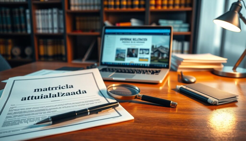 A well-organized desk scene showcasing essential documents and tools for real estate regularization. In the foreground, a neatly stacked pile of papers, including a bright and updated property registration ("matrícula atualizada") prominently displayed. Next to the papers, a stylish magnifying glass and a professional-looking pen lie on a polished wood desk, suggesting an atmosphere of diligence and attention to detail. In the middle ground, a laptop open to a government website for property verification is partially visible, with warm, soft lighting illuminating the space, creating a calm and focused mood. In the background, shelves lined with books on real estate laws and regulations further emphasize the topic of property regularization. The composition should evoke a sense of professionalism and thoroughness, ideal for an informative article. A well-organized desk scene showcasing essential documents and tools for real estate regularization. In the foreground, a neatly stacked pile of papers, including a bright and updated property registration ("matrícula atualizada") prominently displayed. Next to the papers, a stylish magnifying glass and a professional-looking pen lie on a polished wood desk, suggesting an atmosphere of diligence and attention to detail. In the middle ground, a laptop open to a government website for property verification is partially visible, with warm, soft lighting illuminating the space, creating a calm and focused mood. In the background, shelves lined with books on real estate laws and regulations further emphasize the topic of property regularization. The composition should evoke a sense of professionalism and thoroughness, ideal for an informative article.