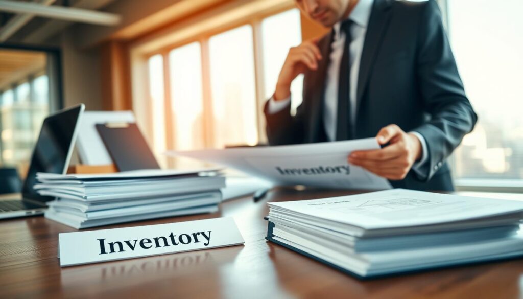 A well-organized office environment with a polished wooden desk in the foreground, featuring a stack of official documents labeled "Inventory" alongside a modern laptop. In the middle ground, a thoughtful business professional in a smart suit examines blueprints of a house. The background showcases a large window with soft, natural light streaming in, illuminating a cityscape outside, symbolizing real estate. The atmosphere is focused and professional, conveying the meticulous nature of handling property inventory. The lighting is warm, creating a sense of clarity and purpose, while the camera angle is slightly above eye level to encompass the workspace. The image should evoke a feeling of diligence and sophistication in real estate transactions. A well-organized office environment with a polished wooden desk in the foreground, featuring a stack of official documents labeled "Inventory" alongside a modern laptop. In the middle ground, a thoughtful business professional in a smart suit examines blueprints of a house. The background showcases a large window with soft, natural light streaming in, illuminating a cityscape outside, symbolizing real estate. The atmosphere is focused and professional, conveying the meticulous nature of handling property inventory. The lighting is warm, creating a sense of clarity and purpose, while the camera angle is slightly above eye level to encompass the workspace. The image should evoke a feeling of diligence and sophistication in real estate transactions.