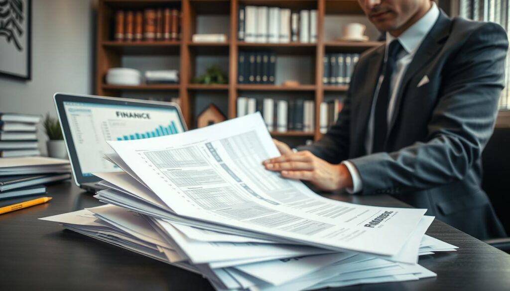 A well-organized office setting featuring a professional individual, dressed in business attire, carefully reviewing a stack of important documents related to real estate financing. In the foreground, detailed paperwork including charts, checklists, and forms symbolizing correct documentation for financing. The middle ground includes a desk with a laptop open, displaying graphs related to financial analysis. In the background, a shelf filled with books on finance and real estate, subtly illuminated by soft, natural light coming from a nearby window, creating a warm and focused atmosphere. The overall mood is one of professionalism and clarity, emphasizing the significance of accurate documentation in securing financing. Use a wide-angle lens to capture the depth of the workspace. A well-organized office setting featuring a professional individual, dressed in business attire, carefully reviewing a stack of important documents related to real estate financing. In the foreground, detailed paperwork including charts, checklists, and forms symbolizing correct documentation for financing. The middle ground includes a desk with a laptop open, displaying graphs related to financial analysis. In the background, a shelf filled with books on finance and real estate, subtly illuminated by soft, natural light coming from a nearby window, creating a warm and focused atmosphere. The overall mood is one of professionalism and clarity, emphasizing the significance of accurate documentation in securing financing. Use a wide-angle lens to capture the depth of the workspace.
