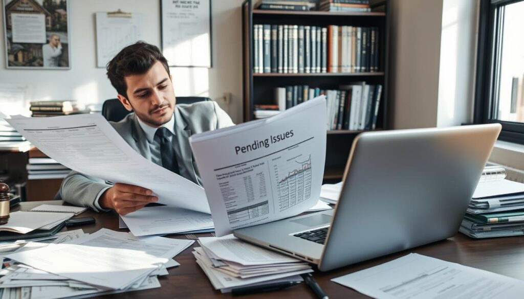 A well-organized office workspace, showcasing a desk cluttered with essential documents related to property transactions, such as invoices, financial reports, and legal papers. In the foreground, a professional-looking individual in business attire meticulously reviews a large file labeled 'Pending Issues'. The middle ground features a laptop with a financial analysis chart on its screen, adding to the context of financial scrutiny. Soft natural light from a nearby window casts gentle shadows, enhancing the atmosphere of diligence and seriousness. In the background, a bookshelf filled with real estate guides and legal textbooks reinforces the theme of due diligence in property purchases. The overall mood should convey a sense of urgency and responsibility in verifying debts and obligations before committing to a real estate purchase. A well-organized office workspace, showcasing a desk cluttered with essential documents related to property transactions, such as invoices, financial reports, and legal papers. In the foreground, a professional-looking individual in business attire meticulously reviews a large file labeled 'Pending Issues'. The middle ground features a laptop with a financial analysis chart on its screen, adding to the context of financial scrutiny. Soft natural light from a nearby window casts gentle shadows, enhancing the atmosphere of diligence and seriousness. In the background, a bookshelf filled with real estate guides and legal textbooks reinforces the theme of due diligence in property purchases. The overall mood should convey a sense of urgency and responsibility in verifying debts and obligations before committing to a real estate purchase.