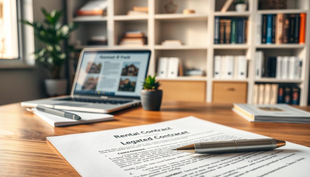 A well-organized, visually appealing workspace showcasing a rental contract. In the foreground, a close-up of a neatly placed rental agreement with formal text, printed on high-quality paper, accompanied by a pen and a small stack of documents. In the middle, a wooden desk with a laptop open, displaying relevant rental statistics, and a potted plant for a touch of greenery. In the background, soft-focus shelves filled with books about real estate and legal advice. Warm, natural lighting creates a welcoming atmosphere, simulating sunlight filtering through a window. The scene conveys professionalism, emphasizing the importance of having a well-crafted rental contract, ideal for a business-oriented article. A well-organized, visually appealing workspace showcasing a rental contract. In the foreground, a close-up of a neatly placed rental agreement with formal text, printed on high-quality paper, accompanied by a pen and a small stack of documents. In the middle, a wooden desk with a laptop open, displaying relevant rental statistics, and a potted plant for a touch of greenery. In the background, soft-focus shelves filled with books about real estate and legal advice. Warm, natural lighting creates a welcoming atmosphere, simulating sunlight filtering through a window. The scene conveys professionalism, emphasizing the importance of having a well-crafted rental contract, ideal for a business-oriented article.