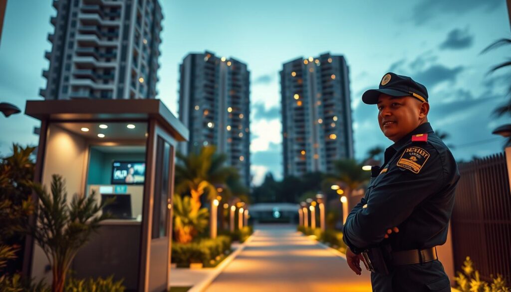 A well-secured condominium entrance at dusk, showcasing a professional security guard wearing a uniform, attentively monitoring access with a friendly expression. In the foreground, a sleek modern security booth is equipped with surveillance cameras and a monitor displaying live feeds. The middle ground features a neatly landscaped pathway leading to the building, illuminated by soft, warm lighting that creates a welcoming atmosphere. In the background, the silhouette of a high-rise condominium stands under a sky transitioning from blue to dark, suggesting safety and vigilance. The scene captures a sense of security and community, reflecting the importance of armed security and 24-hour reception in Maringá's condominiums. Use a shallow depth of field to focus on the guard while softly blurring the background, enhancing the mood of tranquility and safety. A well-secured condominium entrance at dusk, showcasing a professional security guard wearing a uniform, attentively monitoring access with a friendly expression. In the foreground, a sleek modern security booth is equipped with surveillance cameras and a monitor displaying live feeds. The middle ground features a neatly landscaped pathway leading to the building, illuminated by soft, warm lighting that creates a welcoming atmosphere. In the background, the silhouette of a high-rise condominium stands under a sky transitioning from blue to dark, suggesting safety and vigilance. The scene captures a sense of security and community, reflecting the importance of armed security and 24-hour reception in Maringá's condominiums. Use a shallow depth of field to focus on the guard while softly blurring the background, enhancing the mood of tranquility and safety.