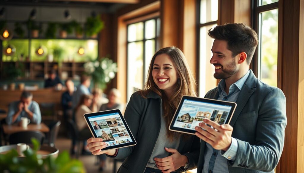 A young couple happily discussing their dream of buying an apartment. The scene is set in a cozy, well-lit cafe with warm, inviting colors. In the foreground, the couple is engaged in conversation, dressed in smart casual attire, radiating excitement and hope. The woman points at a digital tablet displaying potential apartment listings, while the man listens intently, leaning forward with a smile. In the middle background, a coffee shop ambiance with other patrons enjoying their drinks and conversations. In the background, soft-focus details of greenery outside the windows hint at a vibrant neighborhood. The sunlight streams through, creating a bright and optimistic atmosphere that reflects their mutual aspirations and partnership. The composition captures the essence of collaboration and dreams for their future home together. A young couple happily discussing their dream of buying an apartment. The scene is set in a cozy, well-lit cafe with warm, inviting colors. In the foreground, the couple is engaged in conversation, dressed in smart casual attire, radiating excitement and hope. The woman points at a digital tablet displaying potential apartment listings, while the man listens intently, leaning forward with a smile. In the middle background, a coffee shop ambiance with other patrons enjoying their drinks and conversations. In the background, soft-focus details of greenery outside the windows hint at a vibrant neighborhood. The sunlight streams through, creating a bright and optimistic atmosphere that reflects their mutual aspirations and partnership. The composition captures the essence of collaboration and dreams for their future home together.