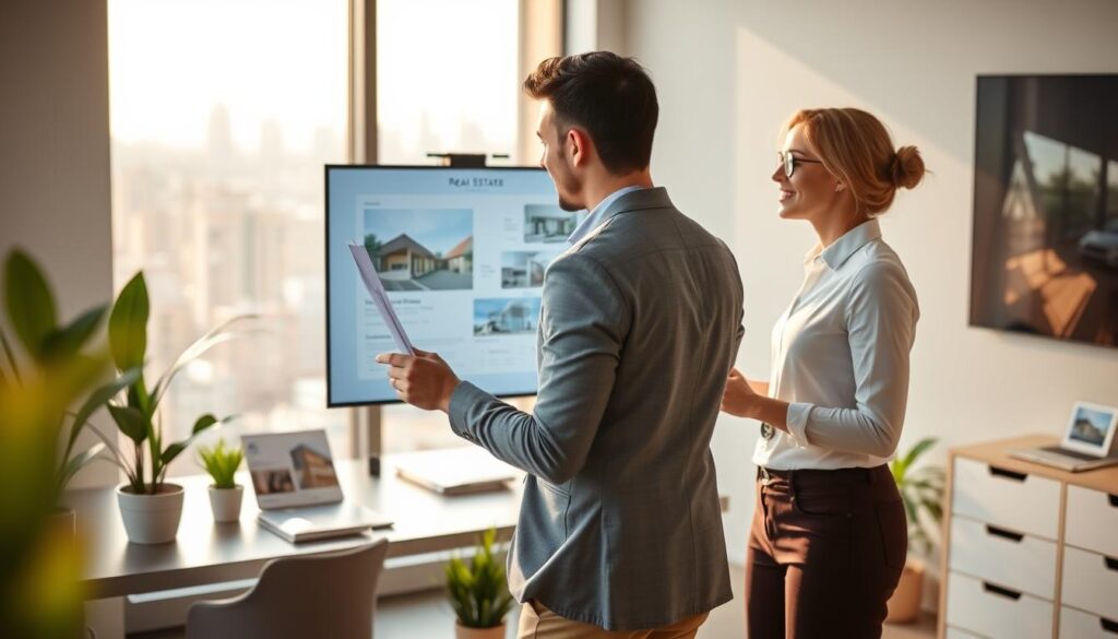 A young couple standing in a modern Brazilian real estate office, examining blueprints and property listings on a large digital screen. The foreground features the couple, dressed in professional business attire, with expressions of curiosity and excitement. In the middle, a well-organized office space with a sleek desk, plants, and property brochures. The background shows a window with a view of the city skyline, bathed in warm, natural light suggesting a hopeful atmosphere. The image is softly lit to convey a welcoming mood, capturing the essence of embarking on the journey of buying their first home in Brazil. Use a shallow depth of field to focus on the couple while gently blurring the surroundings to create a feeling of intimacy and anticipation. A young couple standing in a modern Brazilian real estate office, examining blueprints and property listings on a large digital screen. The foreground features the couple, dressed in professional business attire, with expressions of curiosity and excitement. In the middle, a well-organized office space with a sleek desk, plants, and property brochures. The background shows a window with a view of the city skyline, bathed in warm, natural light suggesting a hopeful atmosphere. The image is softly lit to convey a welcoming mood, capturing the essence of embarking on the journey of buying their first home in Brazil. Use a shallow depth of field to focus on the couple while gently blurring the surroundings to create a feeling of intimacy and anticipation.