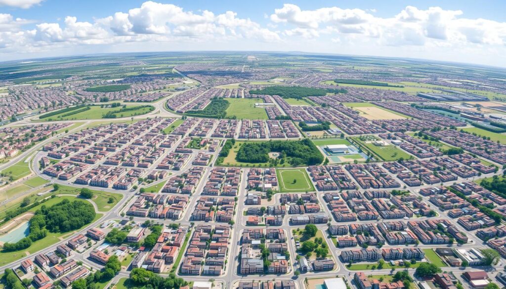 Aerial map view of Zone 07, Maringá, showcasing a detailed layout of residential and commercial areas. The foreground features distinct street patterns and plots, demonstrating urban planning intricacies. In the middle ground, include clusters of trees and parks, indicating green spaces among the buildings. The background shows a clear blue sky with soft, fluffy clouds, giving a vibrant atmosphere. Utilize a high-angle perspective to emphasize the layout and structure of the area. The lighting should be bright and natural, highlighting the colors of the buildings and green spaces. Aim for a mood that conveys clarity and professionalism, suitable for an urban analysis depiction. No people or text elements should be included. Aerial map view of Zone 07, Maringá, showcasing a detailed layout of residential and commercial areas. The foreground features distinct street patterns and plots, demonstrating urban planning intricacies. In the middle ground, include clusters of trees and parks, indicating green spaces among the buildings. The background shows a clear blue sky with soft, fluffy clouds, giving a vibrant atmosphere. Utilize a high-angle perspective to emphasize the layout and structure of the area. The lighting should be bright and natural, highlighting the colors of the buildings and green spaces. Aim for a mood that conveys clarity and professionalism, suitable for an urban analysis depiction. No people or text elements should be included.
