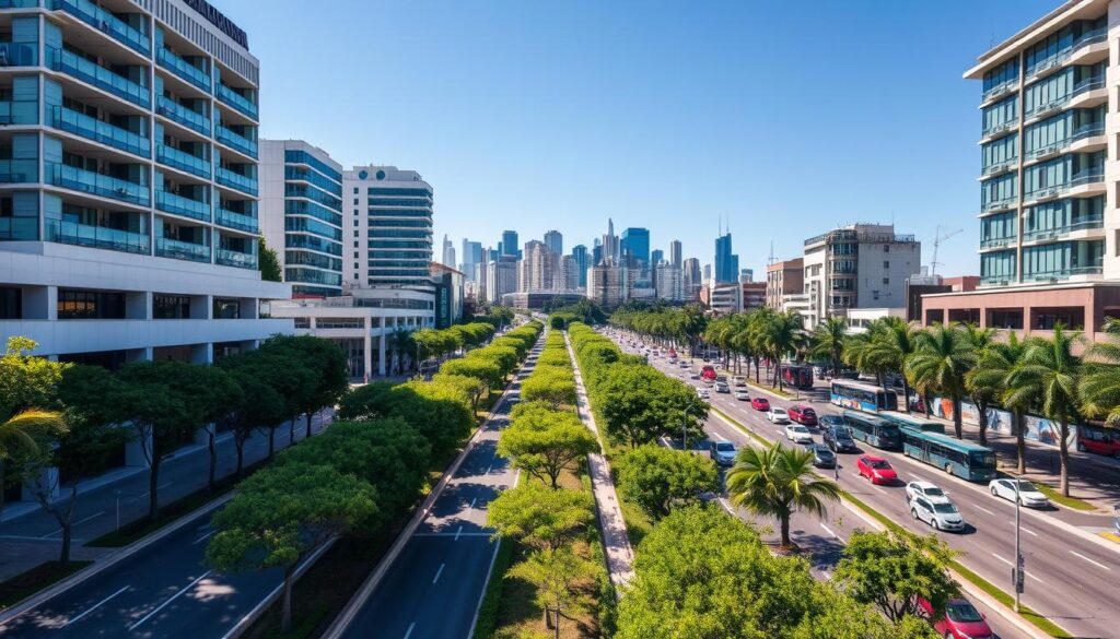 Aerial view of Avenida Cerro Azul, showcasing its strategic positioning in a vibrant urban landscape. In the foreground, a well-maintained road lined with modern buildings and lush green trees, blending urban architecture with nature. The middle layer features bustling traffic, with cars and buses moving fluidly, indicating a major thoroughfare. In the background, a skyline of skyscrapers under a clear blue sky, symbolizing economic vitality and connectivity. The lighting is bright and natural, enhancing the sharpness of the scene, captured with a wide-angle lens to emphasize the expanse of the avenue. The atmosphere is lively and purposeful, reflecting the importance of Avenida Cerro Azul as a central hub in the city. Aerial view of Avenida Cerro Azul, showcasing its strategic positioning in a vibrant urban landscape. In the foreground, a well-maintained road lined with modern buildings and lush green trees, blending urban architecture with nature. The middle layer features bustling traffic, with cars and buses moving fluidly, indicating a major thoroughfare. In the background, a skyline of skyscrapers under a clear blue sky, symbolizing economic vitality and connectivity. The lighting is bright and natural, enhancing the sharpness of the scene, captured with a wide-angle lens to emphasize the expanse of the avenue. The atmosphere is lively and purposeful, reflecting the importance of Avenida Cerro Azul as a central hub in the city.