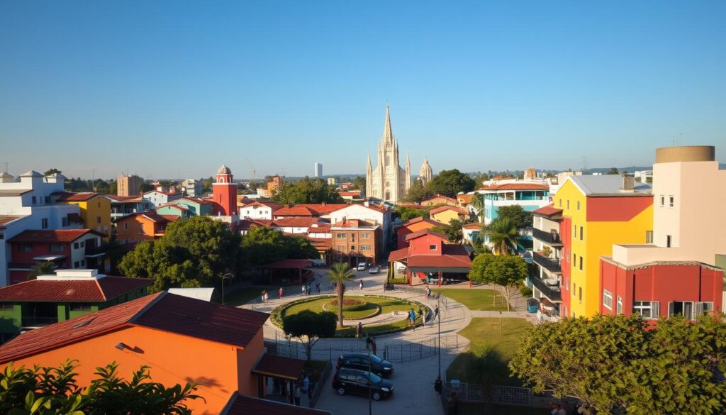 Aerial view of Vila Operária in Maringá, Brazil, showcasing a vibrant neighborhood. In the foreground, colorful residential buildings with unique architecture, reflecting a mix of modern and traditional styles. The middle ground features lush green parks and community spaces filled with families enjoying their day, some engaged in conversation or playing with children. In the background, iconic landmarks of Maringá, such as the towering cathedral, visible against a clear blue sky. Warm, natural sunlight casts soft shadows, creating a welcoming atmosphere. The lens should capture a slightly elevated angle, giving a comprehensive perspective of the neighborhood's layout and charm, evoking a sense of community and belonging. Aerial view of Vila Operária in Maringá, Brazil, showcasing a vibrant neighborhood. In the foreground, colorful residential buildings with unique architecture, reflecting a mix of modern and traditional styles. The middle ground features lush green parks and community spaces filled with families enjoying their day, some engaged in conversation or playing with children. In the background, iconic landmarks of Maringá, such as the towering cathedral, visible against a clear blue sky. Warm, natural sunlight casts soft shadows, creating a welcoming atmosphere. The lens should capture a slightly elevated angle, giving a comprehensive perspective of the neighborhood's layout and charm, evoking a sense of community and belonging.
