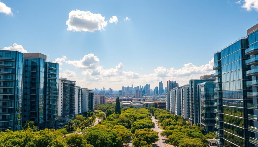 Aerial view of Zona 03 in São Paulo, showcasing a modern urban landscape filled with luxury apartments. The foreground features elegant high-rise buildings with glass facades reflecting sunlight. In the middle ground, tree-lined streets and vibrant parks create a sense of lushness, contrasted by sleek, contemporary architecture. The background displays the iconic skyline of São Paulo, with a clear blue sky and fluffy white clouds overhead. The lighting is bright and warm, capturing the liveliness of the neighborhood during a sunny day. This scene should evoke a feeling of sophistication and vitality, ideal for illustrating the charm and appeal of the area. Aerial view of Zona 03 in São Paulo, showcasing a modern urban landscape filled with luxury apartments. The foreground features elegant high-rise buildings with glass facades reflecting sunlight. In the middle ground, tree-lined streets and vibrant parks create a sense of lushness, contrasted by sleek, contemporary architecture. The background displays the iconic skyline of São Paulo, with a clear blue sky and fluffy white clouds overhead. The lighting is bright and warm, capturing the liveliness of the neighborhood during a sunny day. This scene should evoke a feeling of sophistication and vitality, ideal for illustrating the charm and appeal of the area.