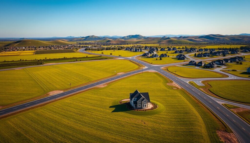 Aerial view of a residential loteamento, showcasing a meticulously planned subdivision of land with clearly defined lots outlined by soft green grass and marked by subtle wooden stakes. In the foreground, a model home is displayed, symbolizing development potential, surrounded by small landscaped areas. The middle ground features paved roads connecting various lots, while in the background, there are rolling hills under a bright blue sky, creating a serene atmosphere. The lighting is warm, suggesting either early morning or late afternoon, enhancing the vibrant colors of the scene. Shot from a slight elevation to capture the organization of the loteamento, conveying a sense of community and opportunity in land development. Aerial view of a residential loteamento, showcasing a meticulously planned subdivision of land with clearly defined lots outlined by soft green grass and marked by subtle wooden stakes. In the foreground, a model home is displayed, symbolizing development potential, surrounded by small landscaped areas. The middle ground features paved roads connecting various lots, while in the background, there are rolling hills under a bright blue sky, creating a serene atmosphere. The lighting is warm, suggesting either early morning or late afternoon, enhancing the vibrant colors of the scene. Shot from a slight elevation to capture the organization of the loteamento, conveying a sense of community and opportunity in land development.