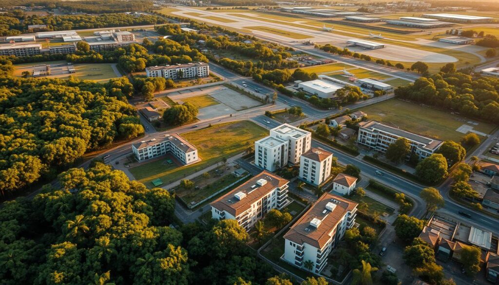 Aerial view of the old airport area in Maringá, captured during the golden hour, showcasing a mix of developed and green spaces. In the foreground, lush greenery contrasts with emerging residential complexes, symbolizing real estate growth. The middle ground contains newly constructed buildings, with modern architecture blending seamlessly into the landscape. In the background, the remnants of the old airport, such as runways and hangars, hint at the area's rich history. Soft sunlight casts warm tones, creating a hopeful and vibrant atmosphere. The scene is wide-angle, emphasizing spatial relationships and the potential for urban development, inspiring growth and renewal in this evolving region. Aerial view of the old airport area in Maringá, captured during the golden hour, showcasing a mix of developed and green spaces. In the foreground, lush greenery contrasts with emerging residential complexes, symbolizing real estate growth. The middle ground contains newly constructed buildings, with modern architecture blending seamlessly into the landscape. In the background, the remnants of the old airport, such as runways and hangars, hint at the area's rich history. Soft sunlight casts warm tones, creating a hopeful and vibrant atmosphere. The scene is wide-angle, emphasizing spatial relationships and the potential for urban development, inspiring growth and renewal in this evolving region.