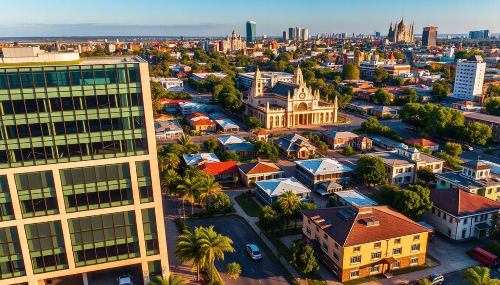 An aerial view of various cartórios (notary offices) in Maringá, Brazil, arranged neatly in a vibrant urban landscape. The foreground features a distinct modern cartório building made of glass and concrete, with large windows reflecting the blue sky. In the middle ground, several traditional cartórios can be seen, showcasing their unique architectural styles, surrounded by well-maintained green spaces. The background displays the skyline of Maringá, including the iconic Cathedral of Maringá. The scene is bathed in warm, golden afternoon light, creating a welcoming atmosphere. The viewpoint is from a slight elevation, as if capturing a panoramic view, emphasizing the orderly layout of the city. The overall mood is professional and inviting, suitable for individuals seeking notarial services. An aerial view of various cartórios (notary offices) in Maringá, Brazil, arranged neatly in a vibrant urban landscape. The foreground features a distinct modern cartório building made of glass and concrete, with large windows reflecting the blue sky. In the middle ground, several traditional cartórios can be seen, showcasing their unique architectural styles, surrounded by well-maintained green spaces. The background displays the skyline of Maringá, including the iconic Cathedral of Maringá. The scene is bathed in warm, golden afternoon light, creating a welcoming atmosphere. The viewpoint is from a slight elevation, as if capturing a panoramic view, emphasizing the orderly layout of the city. The overall mood is professional and inviting, suitable for individuals seeking notarial services.