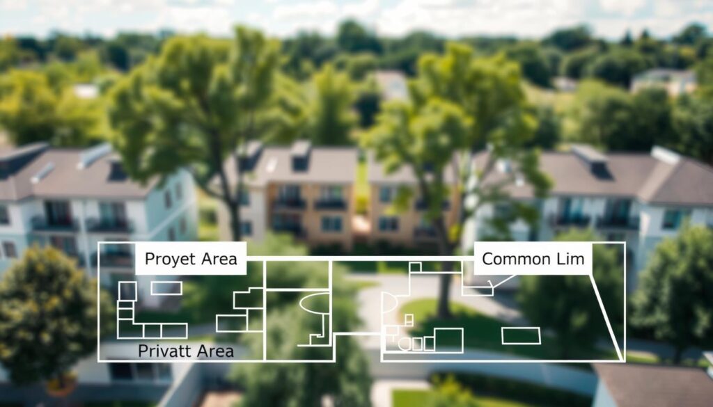 An architectural diagram illustrating the differences between private and common areas in a residential property, featuring a split layout. In the foreground, include a clear, labeled blueprint style depiction of a cozy apartment with distinct, shaded areas marked as "Private Area" and "Common Area." In the middle, show a blurred silhouette of modern apartments, emphasizing their size and structure without detailing the interiors. The background showcases a serene residential setting with green trees and blue skies, creating a welcoming atmosphere. Use soft natural lighting to enhance clarity, and employ a slight aerial perspective to give a comprehensive view of the layout. The overall mood should be informative and engaging, suitable for prospective buyers or renters. An architectural diagram illustrating the differences between private and common areas in a residential property, featuring a split layout. In the foreground, include a clear, labeled blueprint style depiction of a cozy apartment with distinct, shaded areas marked as "Private Area" and "Common Area." In the middle, show a blurred silhouette of modern apartments, emphasizing their size and structure without detailing the interiors. The background showcases a serene residential setting with green trees and blue skies, creating a welcoming atmosphere. Use soft natural lighting to enhance clarity, and employ a slight aerial perspective to give a comprehensive view of the layout. The overall mood should be informative and engaging, suitable for prospective buyers or renters.