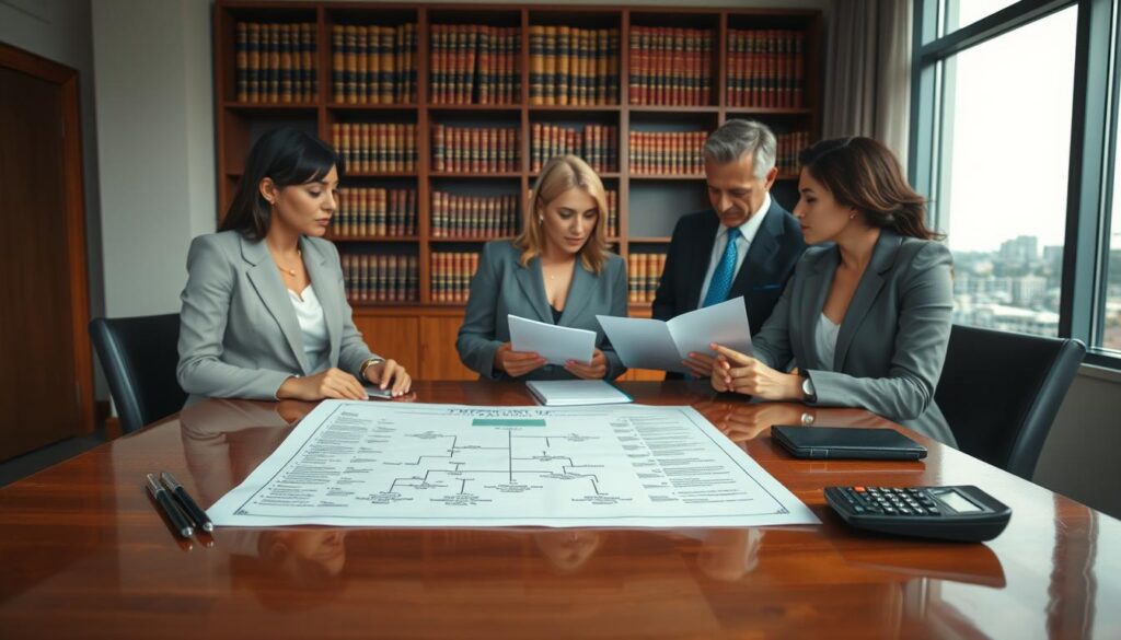 An elegant office space depicted in soft, natural lighting, symbolizing the concept of inheritance. In the foreground, a polished wooden desk holds a detailed family tree document, with pens and a calculator arranged neatly beside it. In the middle, a diverse group of three individuals—two women and one man—dressed in professional business attire, engage in a focused discussion, examining the documents. A bookshelf filled with legal texts about property law and succession planning is visible in the background, hinting at the historical context of property inheritance. A large window reveals a calm cityscape, enhancing the mood of contemplation and professionalism in this setting, with a focus on collaboration and planning for the future. An elegant office space depicted in soft, natural lighting, symbolizing the concept of inheritance. In the foreground, a polished wooden desk holds a detailed family tree document, with pens and a calculator arranged neatly beside it. In the middle, a diverse group of three individuals—two women and one man—dressed in professional business attire, engage in a focused discussion, examining the documents. A bookshelf filled with legal texts about property law and succession planning is visible in the background, hinting at the historical context of property inheritance. A large window reveals a calm cityscape, enhancing the mood of contemplation and professionalism in this setting, with a focus on collaboration and planning for the future.