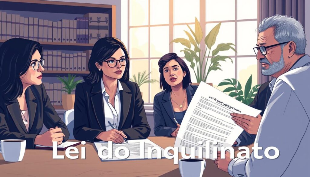 An intricate illustration symbolizing the "Lei do Inquilinato," featuring a focused scene of a diverse group of individuals gathered around a table, discussing rental rights. In the foreground, a middle-aged woman in professional attire, holding a lease agreement, points to key clauses. Beside her, a young man with glasses takes notes on a notepad, and an older gentleman gestures thoughtfully. The background showcases a large window with soft natural light streaming in, casting a warm glow over a bookshelf filled with legal books. Subtle elements like a potted plant and a coffee cup enhance the professional, collaborative atmosphere. The image conveys a sense of understanding, education, and respect for tenant rights, capturing the essence of the law in an engaging and informative way. An intricate illustration symbolizing the "Lei do Inquilinato," featuring a focused scene of a diverse group of individuals gathered around a table, discussing rental rights. In the foreground, a middle-aged woman in professional attire, holding a lease agreement, points to key clauses. Beside her, a young man with glasses takes notes on a notepad, and an older gentleman gestures thoughtfully. The background showcases a large window with soft natural light streaming in, casting a warm glow over a bookshelf filled with legal books. Subtle elements like a potted plant and a coffee cup enhance the professional, collaborative atmosphere. The image conveys a sense of understanding, education, and respect for tenant rights, capturing the essence of the law in an engaging and informative way.