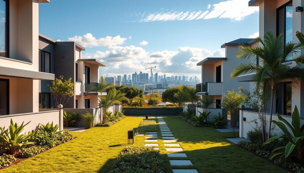 An inviting scene showcasing the advantages of geminated townhouses in Maringá, Brazil. In the foreground, a pair of modern, stylish sobrados with contemporary architecture featuring large windows and lush gardens, illustrating a thriving community atmosphere. In the middle ground, include a well-maintained pathway lined with greenery and decorative elements leading towards the townhouses, suggesting accessibility and comfort. In the background, capture a picturesque view of Maringá’s skyline with blue skies and soft sunlight illuminating the scene, enhancing the warm, welcoming mood. Use a wide-angle lens perspective to give depth, and ensure the lighting is bright and cheerful, conveying a sense of optimism and community living. The image should reflect the unique benefits of investing in these properties. An inviting scene showcasing the advantages of geminated townhouses in Maringá, Brazil. In the foreground, a pair of modern, stylish sobrados with contemporary architecture featuring large windows and lush gardens, illustrating a thriving community atmosphere. In the middle ground, include a well-maintained pathway lined with greenery and decorative elements leading towards the townhouses, suggesting accessibility and comfort. In the background, capture a picturesque view of Maringá’s skyline with blue skies and soft sunlight illuminating the scene, enhancing the warm, welcoming mood. Use a wide-angle lens perspective to give depth, and ensure the lighting is bright and cheerful, conveying a sense of optimism and community living. The image should reflect the unique benefits of investing in these properties.