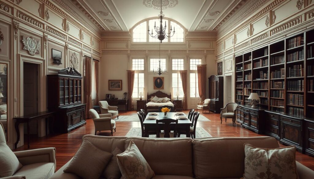 An old apartment interior with spacious rooms, showcasing vintage decor. The foreground features a large living room with high ceilings, adorned with classic furniture, intricate moldings, and large windows allowing natural light to flood in, creating a warm atmosphere. In the middle, include a separate dining area with a wooden table set for a gathering, hinting at a nostalgic family vibe. In the background, a cozy bedroom with antique furniture, soft lighting, and tall bookshelves filled with books creates a sense of comfort and charm. Use soft, diffused lighting to enhance the inviting feel, and capture the scene from a slightly elevated angle, emphasizing the room's depth and openness. The mood should evoke a sense of nostalgia and warmth, reflecting the charm of vintage living in the heart of Maringá. An old apartment interior with spacious rooms, showcasing vintage decor. The foreground features a large living room with high ceilings, adorned with classic furniture, intricate moldings, and large windows allowing natural light to flood in, creating a warm atmosphere. In the middle, include a separate dining area with a wooden table set for a gathering, hinting at a nostalgic family vibe. In the background, a cozy bedroom with antique furniture, soft lighting, and tall bookshelves filled with books creates a sense of comfort and charm. Use soft, diffused lighting to enhance the inviting feel, and capture the scene from a slightly elevated angle, emphasizing the room's depth and openness. The mood should evoke a sense of nostalgia and warmth, reflecting the charm of vintage living in the heart of Maringá.