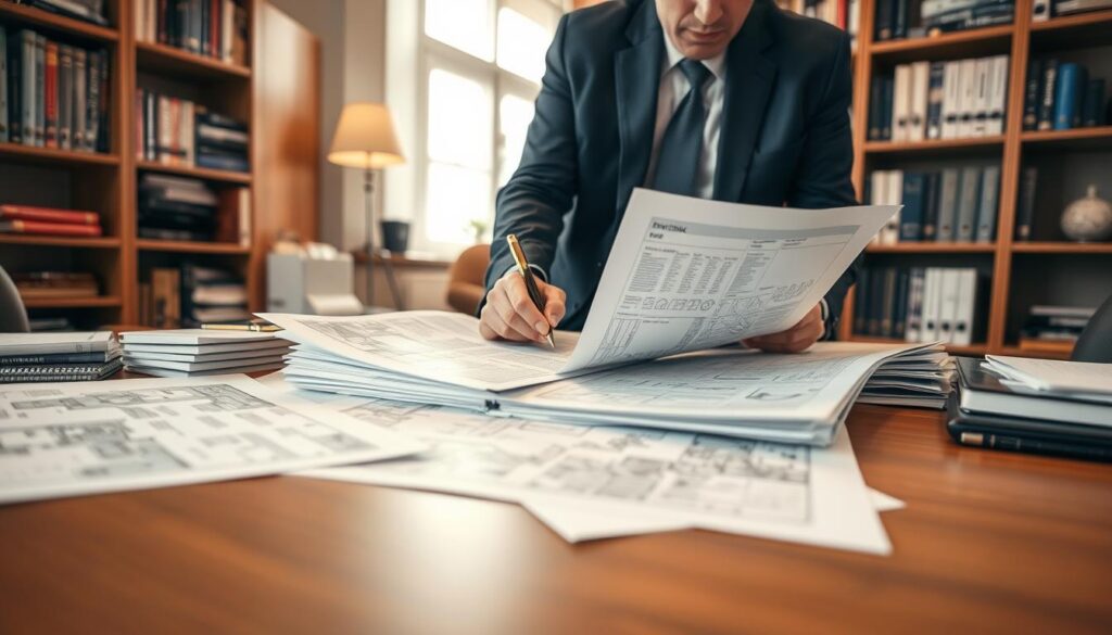 An organized real estate office setting with a wooden desk in the foreground, showcasing detailed property documentation such as contracts, blueprints, and maps. In the middle, a professional wearing a suit analyzes the documents, focusing intently with a pen in hand, surrounded by a stack of papers. Behind them, a bookshelf filled with real estate books and guides adds depth to the scene. Soft, warm lighting from a nearby window creates an inviting atmosphere, enhancing the feeling of professionalism and diligence. The angle captures the action from slightly above, making the documents the focal point while providing context to the busy office environment. The overall mood conveys seriousness and preparedness, emphasizing the importance of thorough documentation when purchasing property. An organized real estate office setting with a wooden desk in the foreground, showcasing detailed property documentation such as contracts, blueprints, and maps. In the middle, a professional wearing a suit analyzes the documents, focusing intently with a pen in hand, surrounded by a stack of papers. Behind them, a bookshelf filled with real estate books and guides adds depth to the scene. Soft, warm lighting from a nearby window creates an inviting atmosphere, enhancing the feeling of professionalism and diligence. The angle captures the action from slightly above, making the documents the focal point while providing context to the busy office environment. The overall mood conveys seriousness and preparedness, emphasizing the importance of thorough documentation when purchasing property.