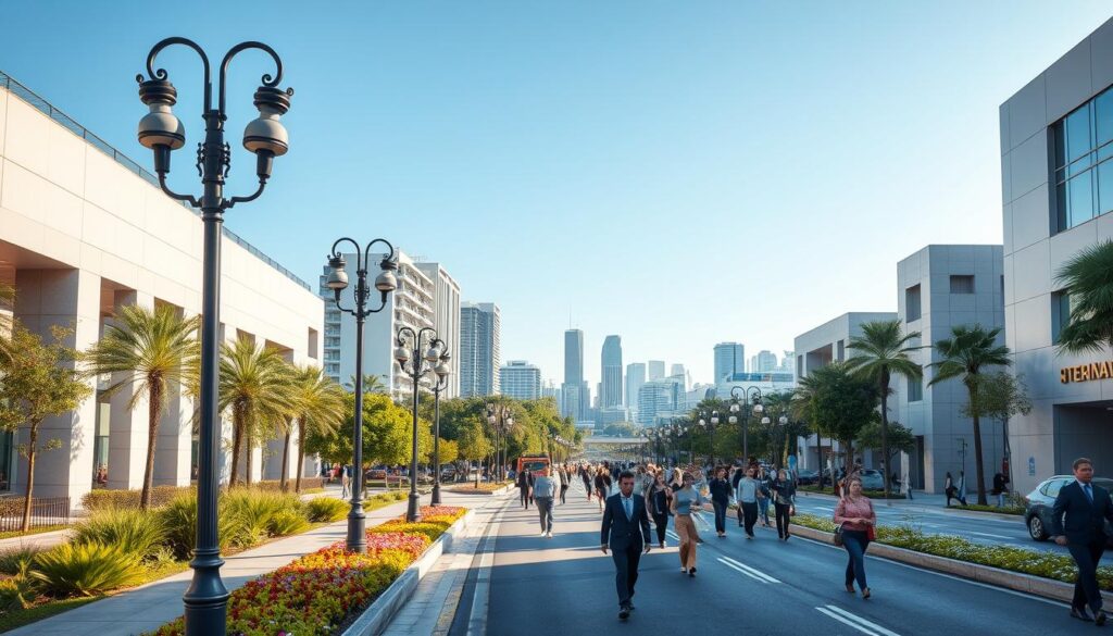 Avenida Cerro Azul, showcasing modern infrastructure with sleek buildings and well-maintained roads. The foreground features elegant streetlamps lining the sidewalk, with lush greenery and neatly arranged flower beds adding vibrancy. In the middle ground, the avenue is bustling with people, dressed in professional business attire and modest casual clothing, walking comfortably along the wide promenade. The background reveals a skyline of contemporary architecture, framed by clear blue skies and soft, warm sunlight creating a welcoming atmosphere. A wide-angle view captures the essence of this noble connection in Zona 02, emphasizing the harmonious blend of urban design and nature. The scene is bright and inviting, evoking a sense of community and modern urban living. Avenida Cerro Azul, showcasing modern infrastructure with sleek buildings and well-maintained roads. The foreground features elegant streetlamps lining the sidewalk, with lush greenery and neatly arranged flower beds adding vibrancy. In the middle ground, the avenue is bustling with people, dressed in professional business attire and modest casual clothing, walking comfortably along the wide promenade. The background reveals a skyline of contemporary architecture, framed by clear blue skies and soft, warm sunlight creating a welcoming atmosphere. A wide-angle view captures the essence of this noble connection in Zona 02, emphasizing the harmonious blend of urban design and nature. The scene is bright and inviting, evoking a sense of community and modern urban living.