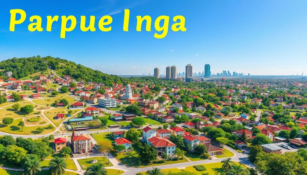 Create an illustrated map of the Parque Ingá residential area in Maringá, Brazil. In the foreground, include detailed street names, parks, and notable landmarks, using vibrant colors to distinguish different neighborhoods. The middle ground should feature a variety of house styles typical of the region, with greenery and public spaces visually represented. In the background, depict a skyline of Maringá, showcasing a few modern buildings amidst a clear blue sky, enhancing the sense of place. Utilize bright daylight to illuminate the scene, adding warmth and inviting tones. The map should evoke a friendly, community-oriented atmosphere, perfect for exploring lesser-known residential neighborhoods. Ensure there are no texts, watermarks, or any overlays in the image. Create an illustrated map of the Parque Ingá residential area in Maringá, Brazil. In the foreground, include detailed street names, parks, and notable landmarks, using vibrant colors to distinguish different neighborhoods. The middle ground should feature a variety of house styles typical of the region, with greenery and public spaces visually represented. In the background, depict a skyline of Maringá, showcasing a few modern buildings amidst a clear blue sky, enhancing the sense of place. Utilize bright daylight to illuminate the scene, adding warmth and inviting tones. The map should evoke a friendly, community-oriented atmosphere, perfect for exploring lesser-known residential neighborhoods. Ensure there are no texts, watermarks, or any overlays in the image.