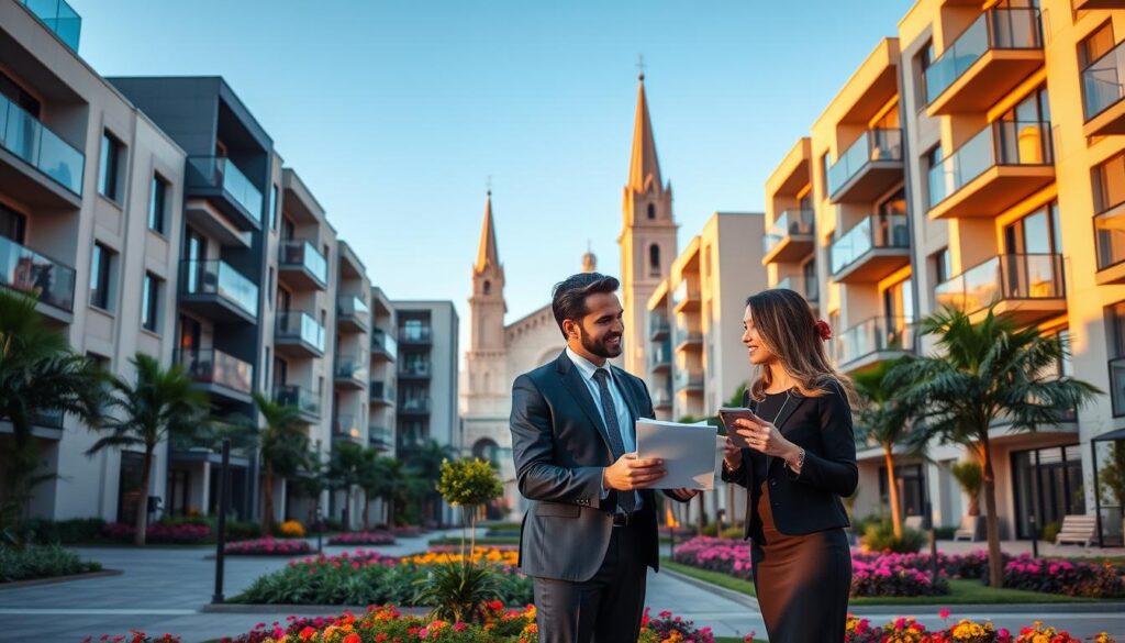 Modern apartment buildings in Maringá, Brazil, showcasing a vibrant urban environment. In the foreground, a professionally dressed couple is discussing financing options, holding documents and a smartphone, surrounded by lush landscaping and colorful flowers. The middle section features contemporary apartments with balconies, large windows, and stylish architecture, enhanced by the warm glow of golden hour sunlight. In the background, a clear blue sky complements the scene, with the iconic Maringá Cathedral subtly visible. The mood is optimistic and inviting, emphasizing the accessibility and appeal of financed apartments in the city. The image is captured from a slight aerial angle to provide depth and perspective, showcasing both the apartments’ design and the couple’s engagement in the financing process. Modern apartment buildings in Maringá, Brazil, showcasing a vibrant urban environment. In the foreground, a professionally dressed couple is discussing financing options, holding documents and a smartphone, surrounded by lush landscaping and colorful flowers. The middle section features contemporary apartments with balconies, large windows, and stylish architecture, enhanced by the warm glow of golden hour sunlight. In the background, a clear blue sky complements the scene, with the iconic Maringá Cathedral subtly visible. The mood is optimistic and inviting, emphasizing the accessibility and appeal of financed apartments in the city. The image is captured from a slight aerial angle to provide depth and perspective, showcasing both the apartments’ design and the couple’s engagement in the financing process.