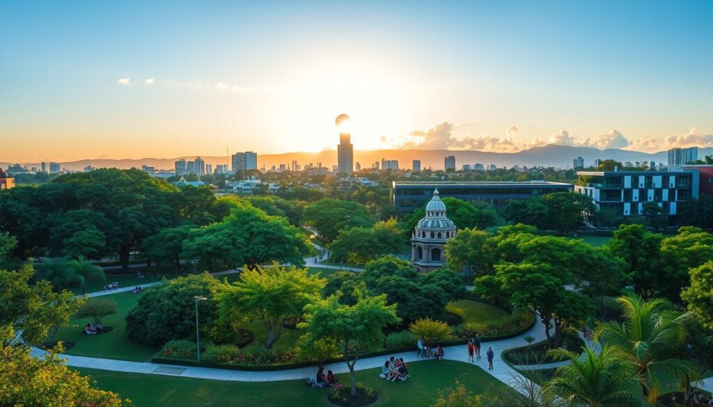 Urban planning and green spaces of Maringá, Brazil. In the foreground, a vibrant park filled with lush trees, flowering plants, and families enjoying picnics. In the middle ground, modern buildings designed with eco-friendly architecture, featuring large windows and green rooftops. The background showcases a beautiful skyline at sunset, bathing the scene in warm, golden light. The composition should evoke a sense of harmony between nature and urban life, with clear blue skies and a few fluffy clouds. The angle should be slightly elevated to capture the expanse of greenery against the urban environment. A peaceful, inviting atmosphere that highlights Maringá’s commitment to sustainability and livability. Urban planning and green spaces of Maringá, Brazil. In the foreground, a vibrant park filled with lush trees, flowering plants, and families enjoying picnics. In the middle ground, modern buildings designed with eco-friendly architecture, featuring large windows and green rooftops. The background showcases a beautiful skyline at sunset, bathing the scene in warm, golden light. The composition should evoke a sense of harmony between nature and urban life, with clear blue skies and a few fluffy clouds. The angle should be slightly elevated to capture the expanse of greenery against the urban environment. A peaceful, inviting atmosphere that highlights Maringá’s commitment to sustainability and livability.