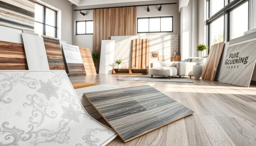 A beautifully arranged display of various flooring and wall materials, showcasing porcelain tiles, laminate, and vinyl options. In the foreground, a close-up of elegant porcelain tiles with intricate designs, alongside samples of modern laminate and textured vinyl. The middle ground includes mock installations demonstrating the different surfaces in a stylish living space setting. The background features natural lighting filtering through large windows, enhancing the colors and textures of the materials. The atmosphere is bright and inviting, with a soft focus on the flooring, emphasizing their differences and suitability for local climate conditions. The angle should be slightly tilted to create depth, allowing viewers to appreciate the array of finishes available. A beautifully arranged display of various flooring and wall materials, showcasing porcelain tiles, laminate, and vinyl options. In the foreground, a close-up of elegant porcelain tiles with intricate designs, alongside samples of modern laminate and textured vinyl. The middle ground includes mock installations demonstrating the different surfaces in a stylish living space setting. The background features natural lighting filtering through large windows, enhancing the colors and textures of the materials. The atmosphere is bright and inviting, with a soft focus on the flooring, emphasizing their differences and suitability for local climate conditions. The angle should be slightly tilted to create depth, allowing viewers to appreciate the array of finishes available.