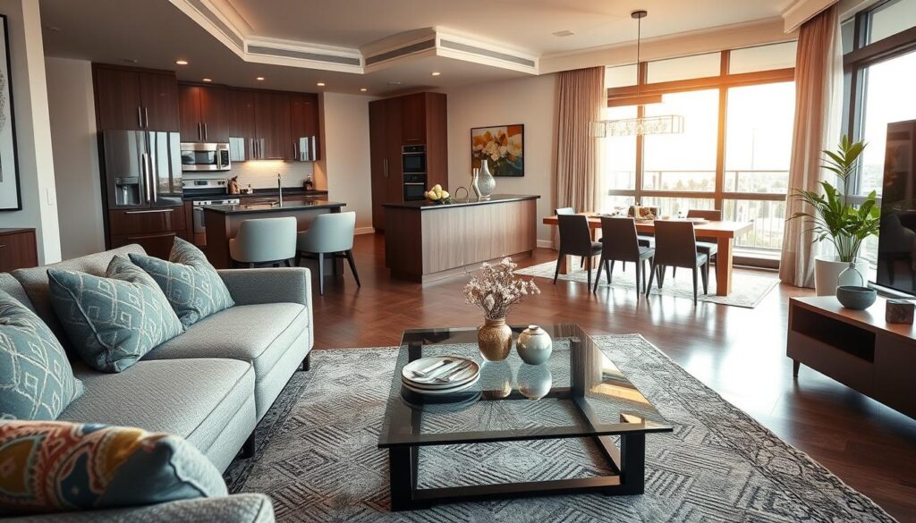 A beautifully designed furnished apartment interior showcasing a modern living space. In the foreground, a stylish couch with patterned cushions rests on a textured area rug, alongside a sleek glass coffee table adorned with a tasteful centerpiece. The middle ground features a dining area with a contemporary wooden table set for four, complemented by elegant chairs. An open kitchen with custom cabinetry and high-end appliances can be seen, reflecting the planned furniture concept. In the background, large windows let in natural light, creating a warm, inviting atmosphere. Soft, ambient lighting highlights the thoughtful interior design elements. The scene conveys sophistication and comfort, ideal for showcasing the difference between furnished and specially designed apartments. A beautifully designed furnished apartment interior showcasing a modern living space. In the foreground, a stylish couch with patterned cushions rests on a textured area rug, alongside a sleek glass coffee table adorned with a tasteful centerpiece. The middle ground features a dining area with a contemporary wooden table set for four, complemented by elegant chairs. An open kitchen with custom cabinetry and high-end appliances can be seen, reflecting the planned furniture concept. In the background, large windows let in natural light, creating a warm, inviting atmosphere. Soft, ambient lighting highlights the thoughtful interior design elements. The scene conveys sophistication and comfort, ideal for showcasing the difference between furnished and specially designed apartments.