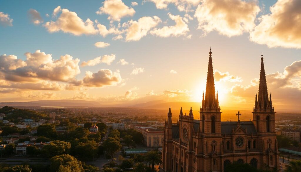 A breathtaking view of the Maringá Cathedral, prominently displayed in the foreground, showcasing its stunning architecture with intricate details, soaring spires, and elegant design. In the middle ground, a picturesque cityscape with vibrant buildings, lush green trees, and a clear blue sky filled with soft, fluffy clouds enhances the setting. The background features distant hills and a radiant sunset that casts warm golden and orange hues across the scene. The lighting is soft and warm, creating a serene and inviting atmosphere. Captured from an elevated angle, this perspective highlights the grandeur of the cathedral and encapsulates the charm of the surrounding neighborhood, evoking a sense of peacefulness and appreciation for this celebrated landmark. A breathtaking view of the Maringá Cathedral, prominently displayed in the foreground, showcasing its stunning architecture with intricate details, soaring spires, and elegant design. In the middle ground, a picturesque cityscape with vibrant buildings, lush green trees, and a clear blue sky filled with soft, fluffy clouds enhances the setting. The background features distant hills and a radiant sunset that casts warm golden and orange hues across the scene. The lighting is soft and warm, creating a serene and inviting atmosphere. Captured from an elevated angle, this perspective highlights the grandeur of the cathedral and encapsulates the charm of the surrounding neighborhood, evoking a sense of peacefulness and appreciation for this celebrated landmark.