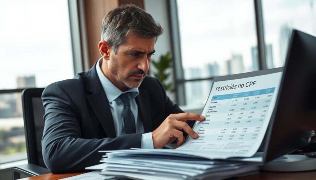 A business setting depicting a worried individual, a middle-aged man in professional attire, seated at a desk piled with documents related to credit and financing. He is examining a financial report showing "restrições no CPF" prominently on the screen. The foreground features a close-up of the man's distressed expression as he contemplates the implications of his credit history. In the background, a blurred view of an office scene with a large window that reveals a city skyline, highlighting the atmosphere of financial urgency. The lighting is soft and diffused, creating a somber mood, while a shallow depth of field focuses on the man and the report. Overall, the image conveys a sense of concern and professionalism in the context of financial decision-making. A business setting depicting a worried individual, a middle-aged man in professional attire, seated at a desk piled with documents related to credit and financing. He is examining a financial report showing "restrições no CPF" prominently on the screen. The foreground features a close-up of the man's distressed expression as he contemplates the implications of his credit history. In the background, a blurred view of an office scene with a large window that reveals a city skyline, highlighting the atmosphere of financial urgency. The lighting is soft and diffused, creating a somber mood, while a shallow depth of field focuses on the man and the report. Overall, the image conveys a sense of concern and professionalism in the context of financial decision-making.