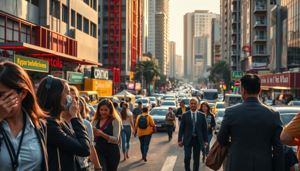 A bustling city street in Maringá, showcasing the effects of noise pollution. In the foreground, a diverse group of professionals in business attire, appearing stressed and distracted, with hands on their ears, surrounded by loud construction sounds emanating from nearby buildings. In the middle ground, vibrant city life, with vehicular traffic, street vendors, and pedestrians hurriedly passing by, illuminated by bright neon signs. The background features high-rise buildings bathed in late afternoon sunlight, casting long shadows. The scene conveys a sense of chaos and urgency, reflecting the environment's overwhelming noise. Soft focus in the background creates depth, while the overall tone evokes a feeling of frustration over urban noise pollution. A bustling city street in Maringá, showcasing the effects of noise pollution. In the foreground, a diverse group of professionals in business attire, appearing stressed and distracted, with hands on their ears, surrounded by loud construction sounds emanating from nearby buildings. In the middle ground, vibrant city life, with vehicular traffic, street vendors, and pedestrians hurriedly passing by, illuminated by bright neon signs. The background features high-rise buildings bathed in late afternoon sunlight, casting long shadows. The scene conveys a sense of chaos and urgency, reflecting the environment's overwhelming noise. Soft focus in the background creates depth, while the overall tone evokes a feeling of frustration over urban noise pollution.