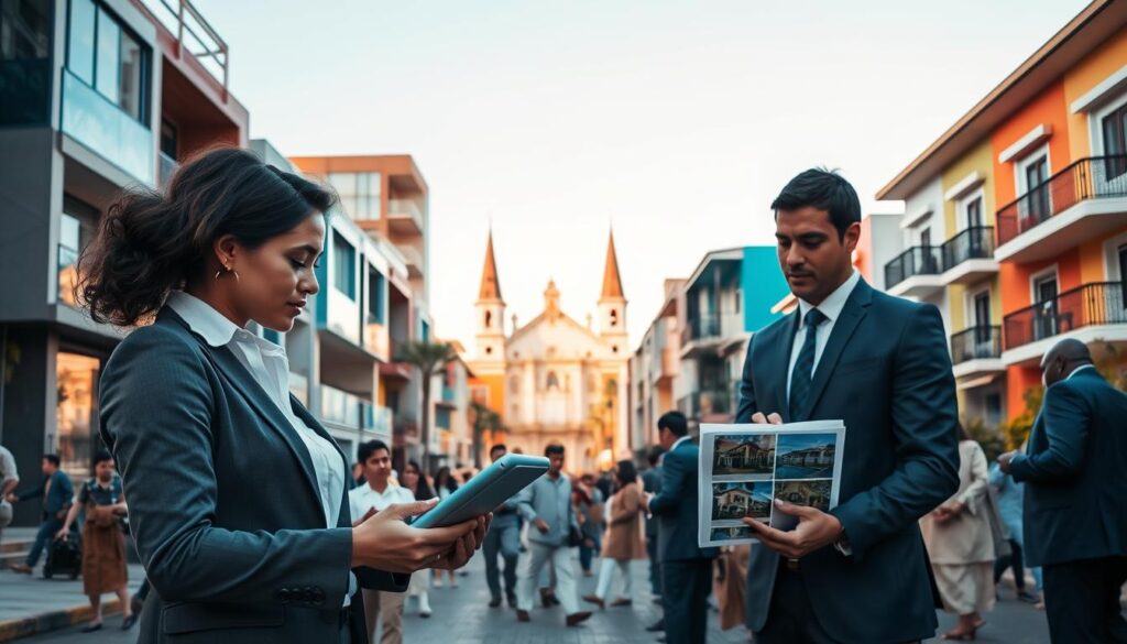 A bustling real estate market scene in Maringá, Brazil, showcasing modern buildings and traditional homes side by side. In the foreground, a professional couple dressed in business attire examines property listings on a digital tablet, displaying their cautious optimism. The middle ground features a diverse array of real estate agents engaging interested buyers, with a mix of contemporary and classic architecture in bright, inviting colors. The background captures Maringá’s iconic skyline, highlighting distinctive structures like the Cathedral of Maringá, under a clear blue sky. Soft, warm lighting adds a welcoming ambiance, emphasizing a sense of opportunity and growth in the housing market. The perspective is slightly elevated, giving a panoramic view of the dynamic atmosphere of Maringá's real estate landscape. A bustling real estate market scene in Maringá, Brazil, showcasing modern buildings and traditional homes side by side. In the foreground, a professional couple dressed in business attire examines property listings on a digital tablet, displaying their cautious optimism. The middle ground features a diverse array of real estate agents engaging interested buyers, with a mix of contemporary and classic architecture in bright, inviting colors. The background captures Maringá’s iconic skyline, highlighting distinctive structures like the Cathedral of Maringá, under a clear blue sky. Soft, warm lighting adds a welcoming ambiance, emphasizing a sense of opportunity and growth in the housing market. The perspective is slightly elevated, giving a panoramic view of the dynamic atmosphere of Maringá's real estate landscape.