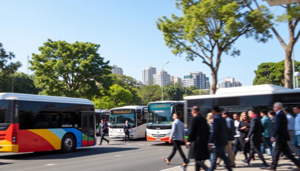 A bustling scene depicting public transportation in a city setting, showcasing several buses at a busy terminal during the day. In the foreground, a modern city bus with vibrant colors is parked, while passengers dressed in professional attire await their journeys. In the middle ground, other buses are arriving and departing, filled with commuters. Surrounding the area are trees and city buildings, creating an urban atmosphere. The background features a clear blue sky, casting natural light over the scene. A sense of movement is captured with blurred wheels of buses and individuals in motion, conveying the hustle and bustle of daily commuting for those working in Maringá and living in nearby cities. A bustling scene depicting public transportation in a city setting, showcasing several buses at a busy terminal during the day. In the foreground, a modern city bus with vibrant colors is parked, while passengers dressed in professional attire await their journeys. In the middle ground, other buses are arriving and departing, filled with commuters. Surrounding the area are trees and city buildings, creating an urban atmosphere. The background features a clear blue sky, casting natural light over the scene. A sense of movement is captured with blurred wheels of buses and individuals in motion, conveying the hustle and bustle of daily commuting for those working in Maringá and living in nearby cities.